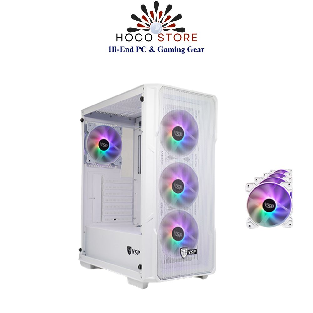 Vỏ Case Máy Tính VSP Gaming KA28 + 4 Fan Led 120mm - Case ATX, mặt trước lưới, hông kính cường lực - Hàng Chính Hãng