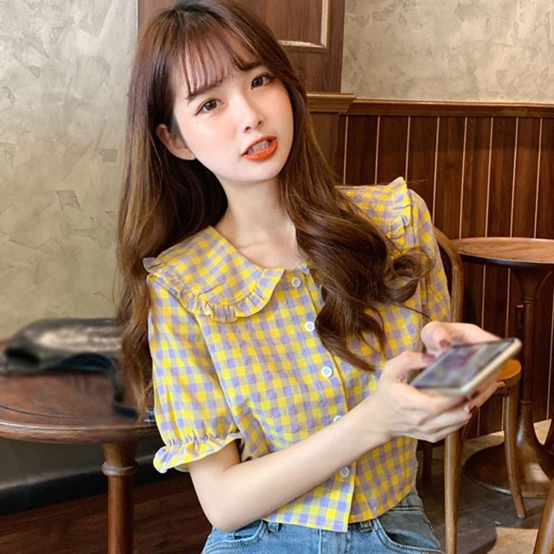 Áo Sơ Mi Caro Cổ Búp Bê Xinh Xắn Cho Nữ