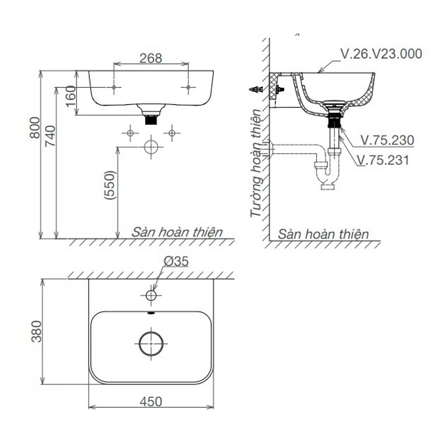 Bộ lavabo treo tường chân ngắn Viglacera V23 men sứ men Nano Titan sáng bóng, công nghệ Italy chống bám bẩn đến 89% - Hoa Sen Home - Hàng chính hãng