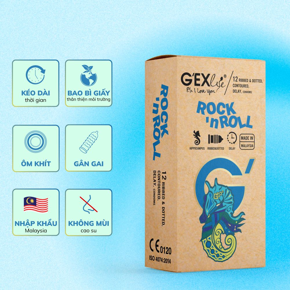 Bao cao su gân gai, hạt nổi, kéo dài thời gian G'EXlife Rock'nRoll Hộp 12 Cái