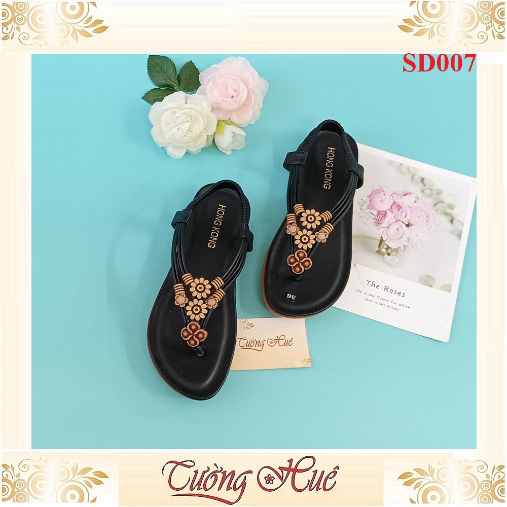 Sandal Nữ Xỏ Ngón Quai Đính Hoa Đế Bệt - SD007