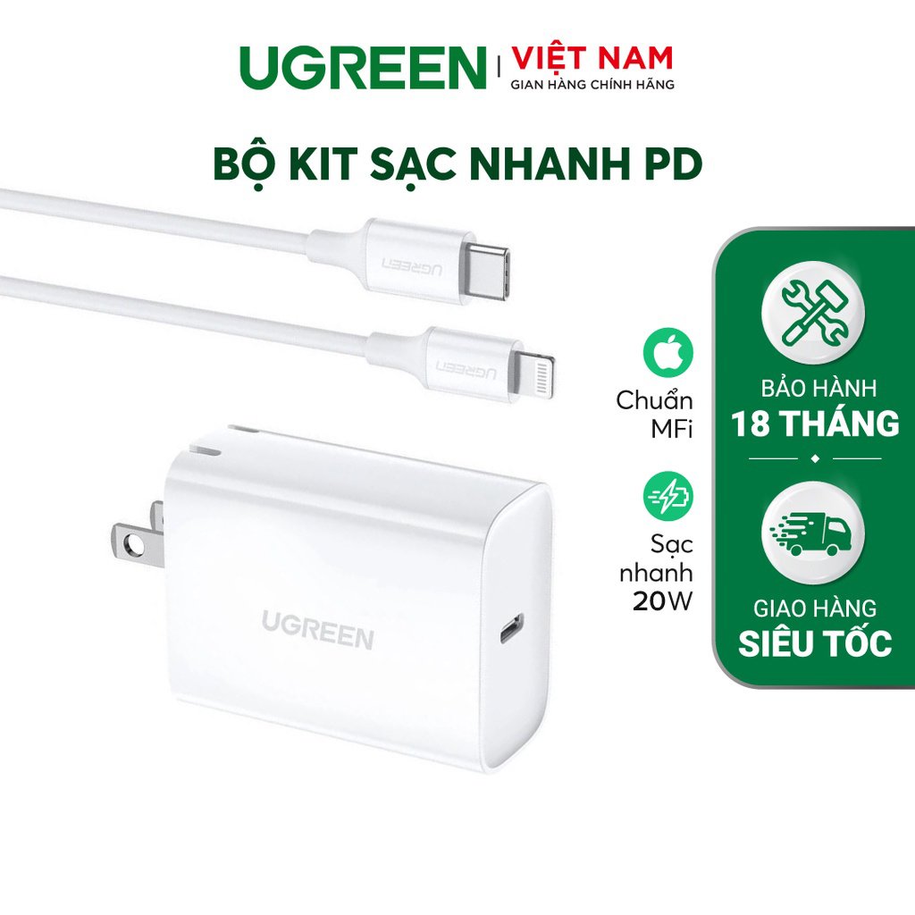 Bộ sạc nhanh iPhone UGREEN 70293 Sạc nhanh PD 20W và cáp Type C ra Ligghtninng chuẩn MFI - Hàng chính hãng