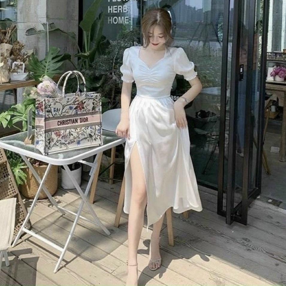 Đầm maxi cổ tim xẻ tà tay ngắn ,tay phồng có mút ngực chất liệu đũi nhăn 1 màu như hình