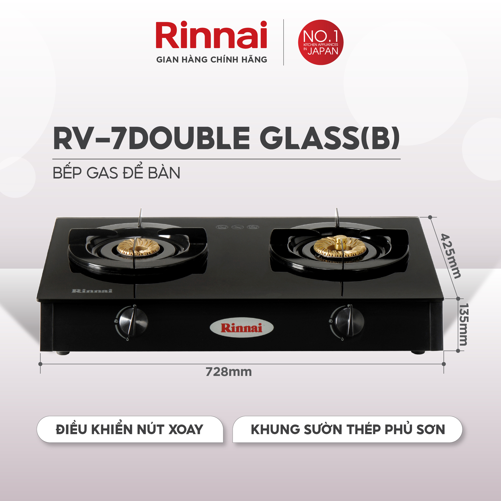 Bếp gas dương Rinnai RV-7Double Glass(B) mặt bếp kính và kiềng bếp men - Hàng chính hãng.