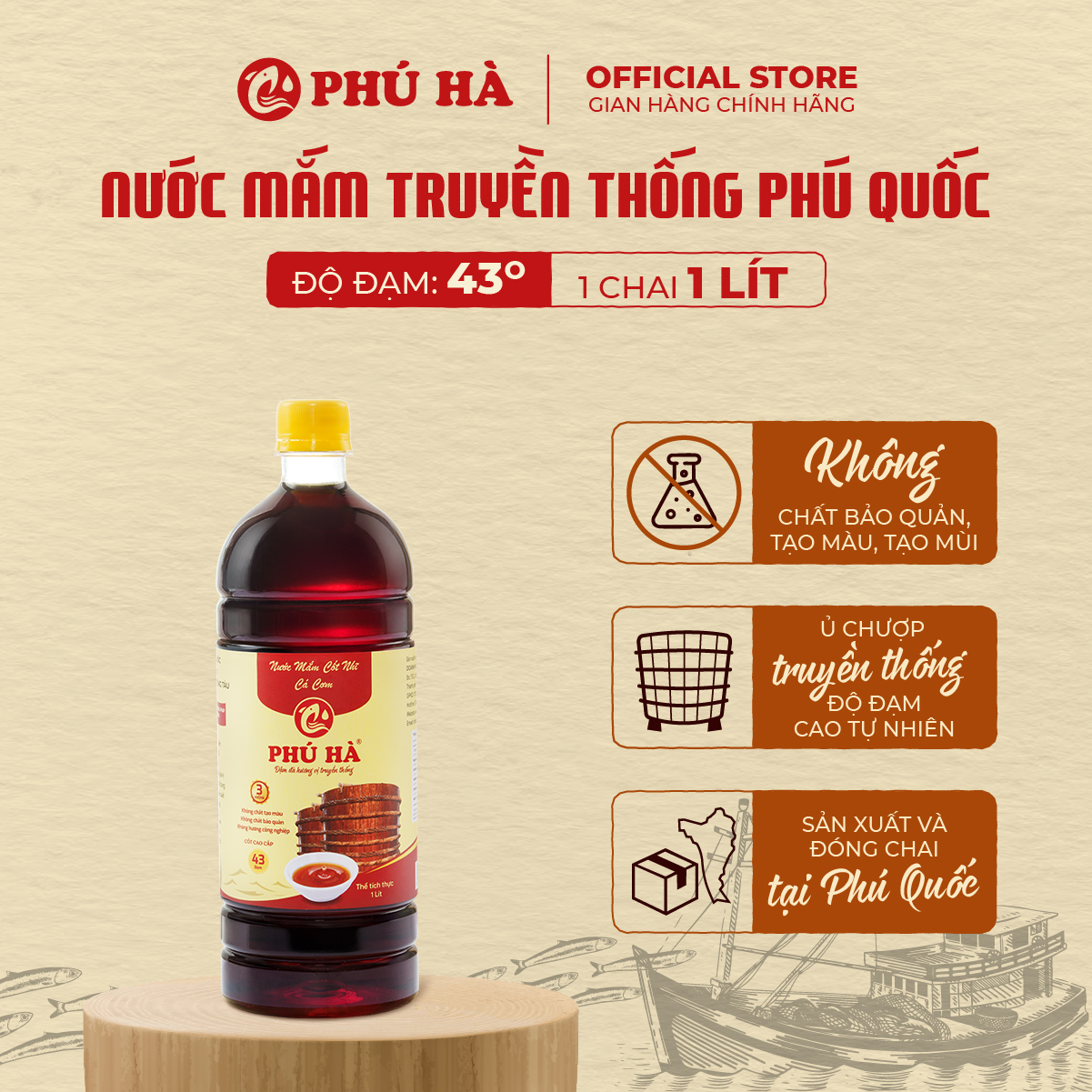 Nước mắm truyền thống Phú Quốc Phú Hà 43 độ đạm - 1 Chai 1 lít