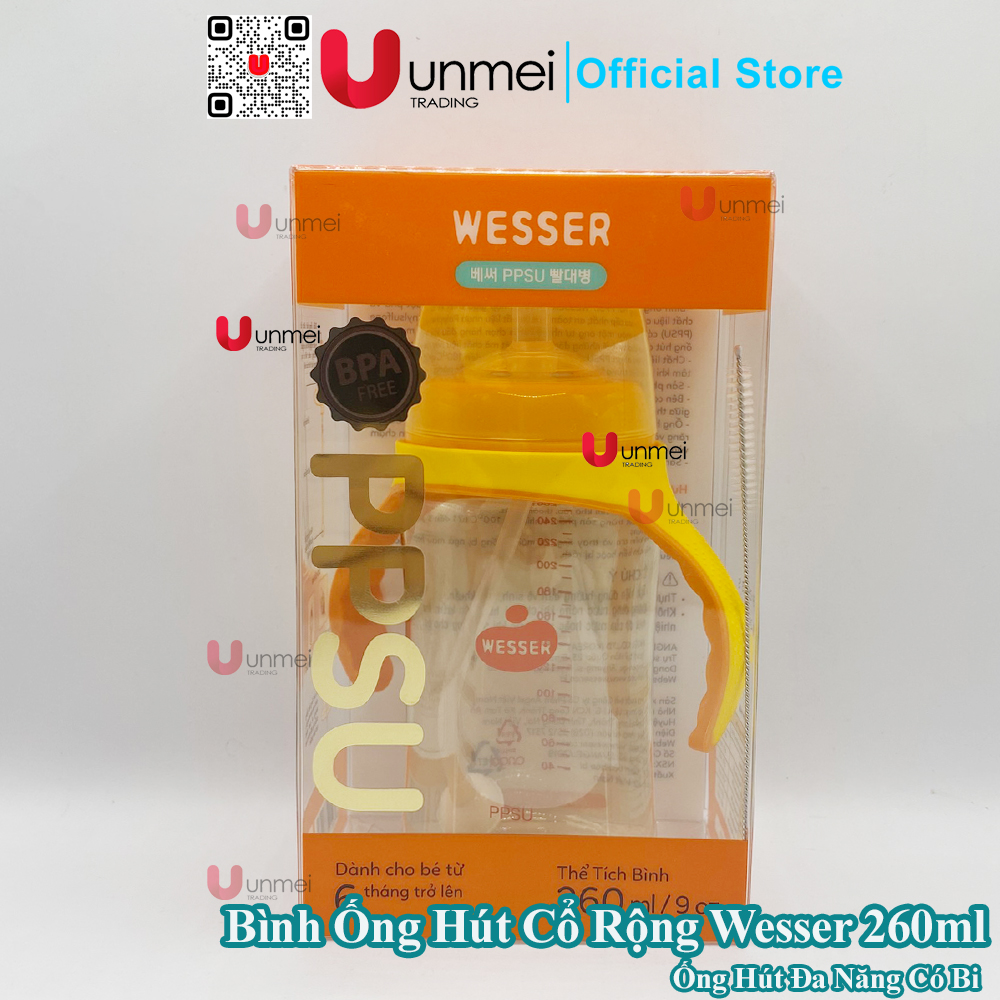 Bình Cổ Rộng Ống Hút PPSU Wesser (260ml), Bình Tập Uống Cho Bé Từ 6m+ Trở Lên, Có Tay Cầm Cho Bé