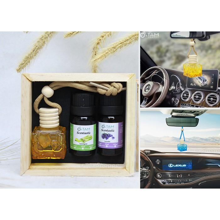 Set Hộp gỗ chai tinh dầu treo xe ô tô + 2 chai tinh dầu Scentastic 10ml TD-TX-01
