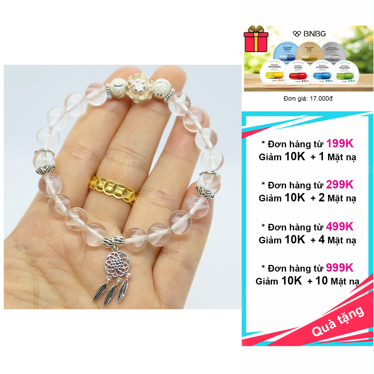 Vòng đá ưu linh trắng 8mm 5A charm bạc 925 cao cấp