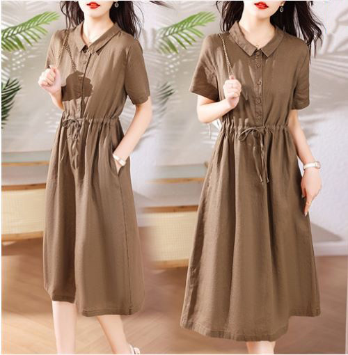 Đầm sơ mi nữ dáng dài vintage cổ sơ mi ngắn tay, eo có dây chỉnh, chất vải sợi linen tự nhiên Đũi Việt