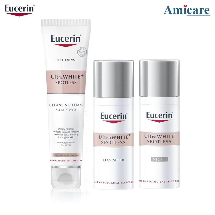 Combo Eucerin Ultrawhite+ Spotless: Sữa Rửa Mặt, Kem Dưỡng Trắng Da Ngày Và Đêm Giảm Thâm Nám