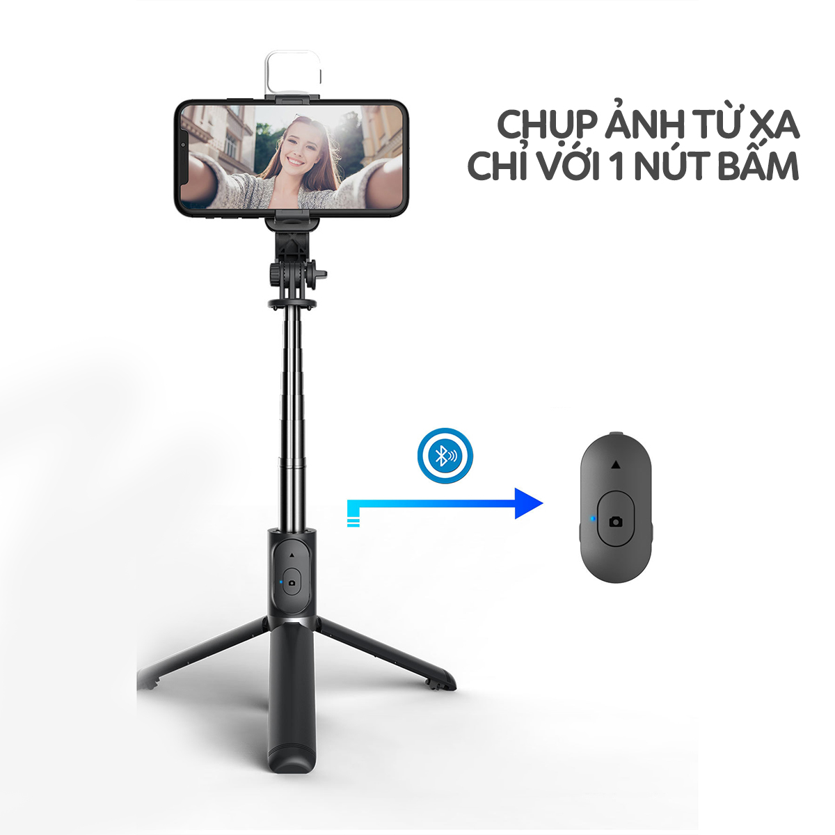 Gậy chụp ảnh tự sướng Selfie có led 3 màu và 3 chân chống giữ điện thoại