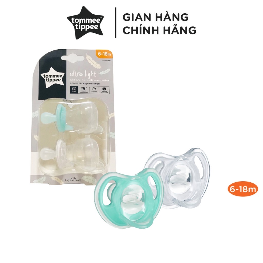 Ty ngậm silicon siêu nhẹ cho bé Tommee Tippee Ultra Light 6-18 tháng (vỉ đôi) - Xanh ngọc/Trắng