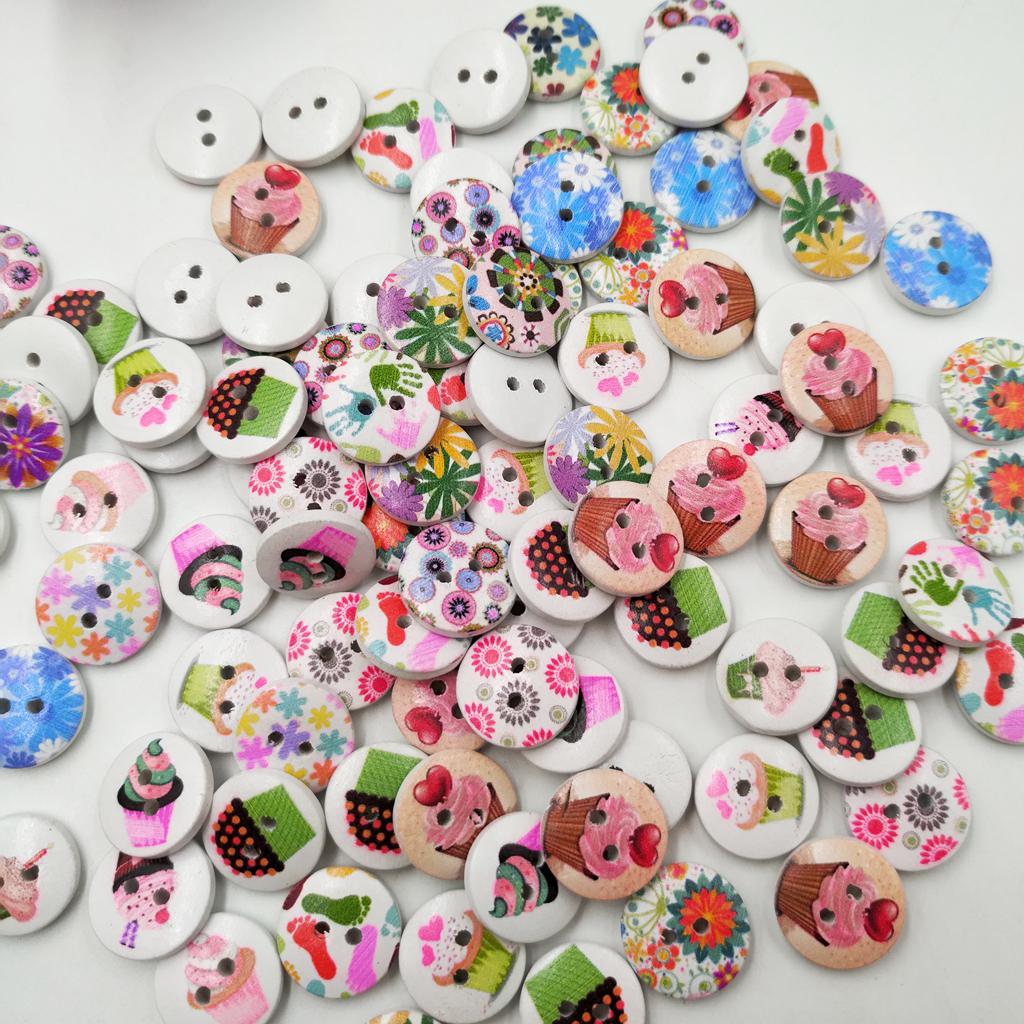 100pcs Mixed 2 Holes Wood Round Buttons for Sewing Scrapbooking Crafts 15mm