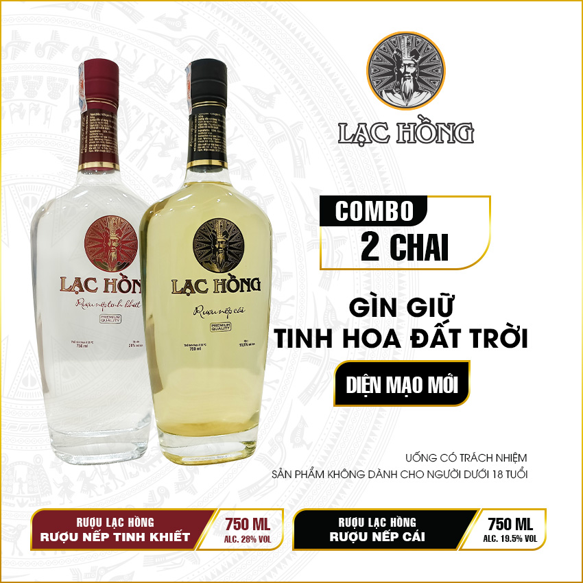 [Combo 02 chai] [Dung tích 750ml, 19.5% và 28%] Lạc Hồng rượu nếp cái hoa vàng, rượu nếp tính khiết, rượu nếp, rượu vodka, sản xuất theo phương pháp truyền thống, vị dịu, nhẹ, uống không đau đầu.