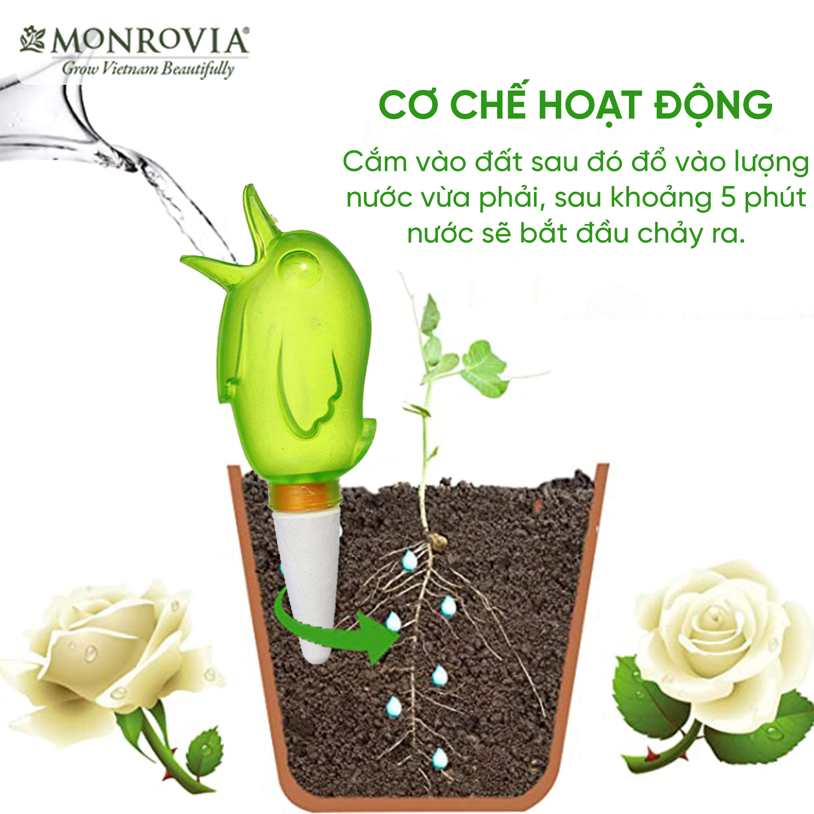 Đầu tưới nhỏ giọt tự động Monrovia, hình chú chim, dung tích 85ml, thời lượng tưới đến 24h, dưỡng ẩm đến 4 ngày