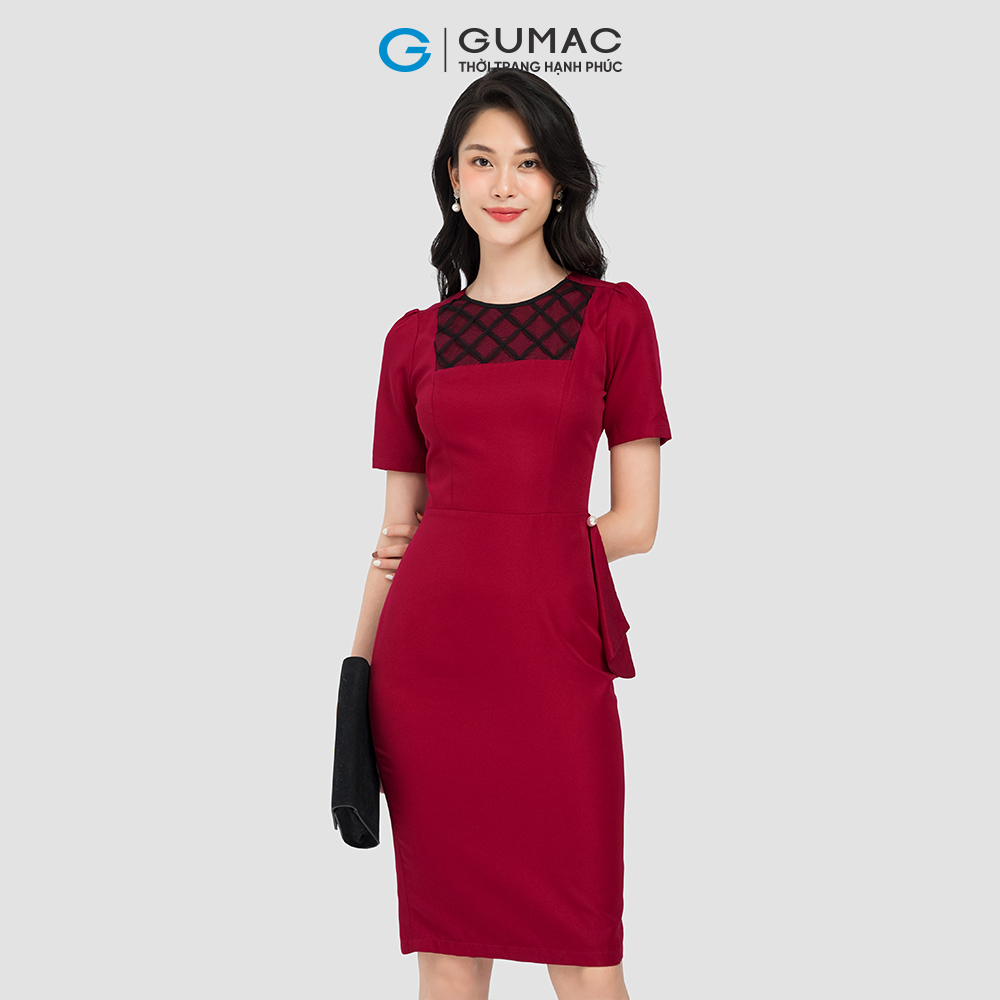 Đầm phối ren cổ GUMAC LD0815 ôm body vải cotton màu đỏ nâu