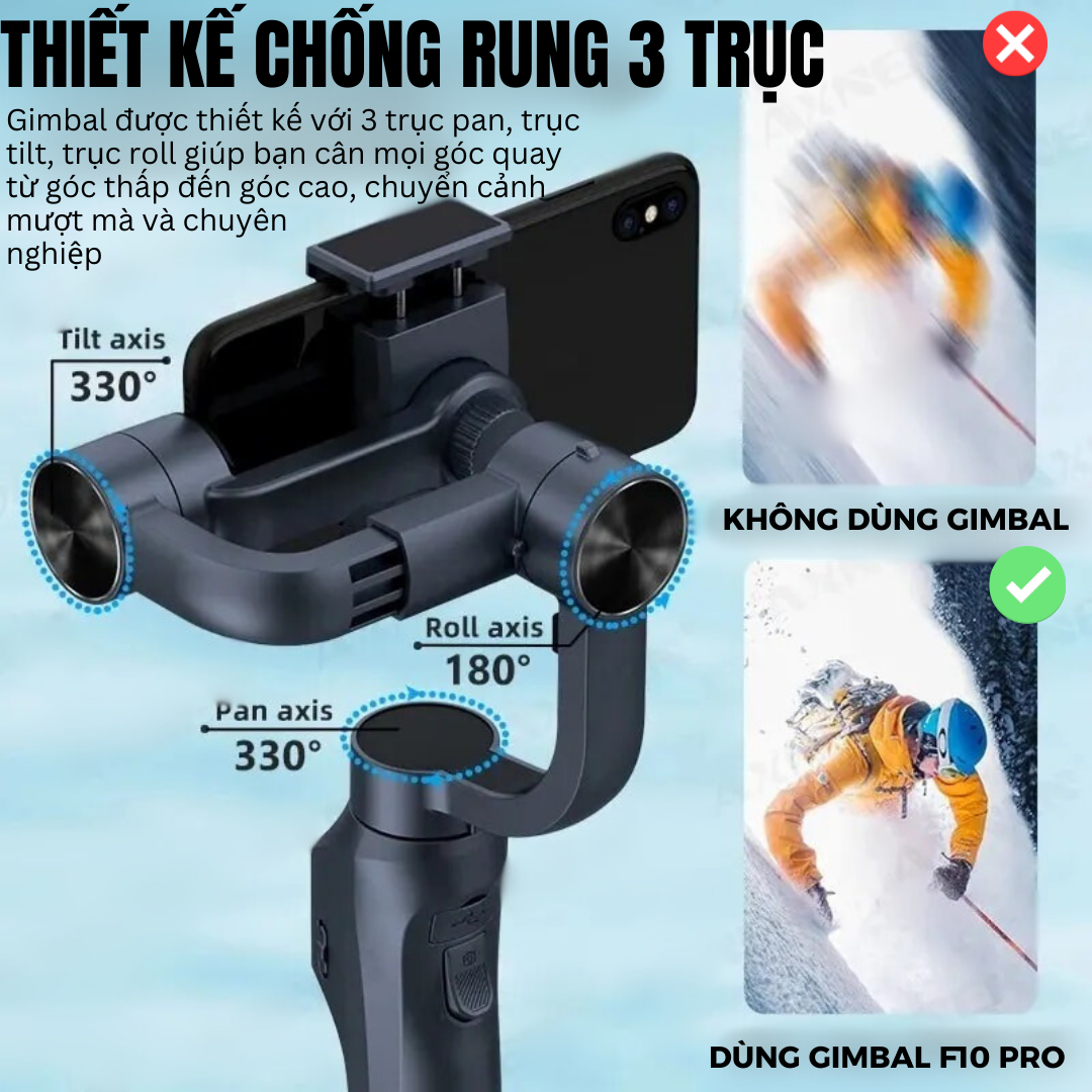 Gimball Chống Rung F10 3AXIS -Gimbal 3 Trục Chống rung Tay Cầm Chống Rung Cho Điện Thoại Phóng To Thu Nhỏ Dễ Dàng, Gimbal, Gậy Chống Rung Quay Phim, Chụp Ảnh Tự Động Cân Chỉnh, Chuyển Cảnh Mượt Mà, Xoay 360 Độ - Hàng chính hãng