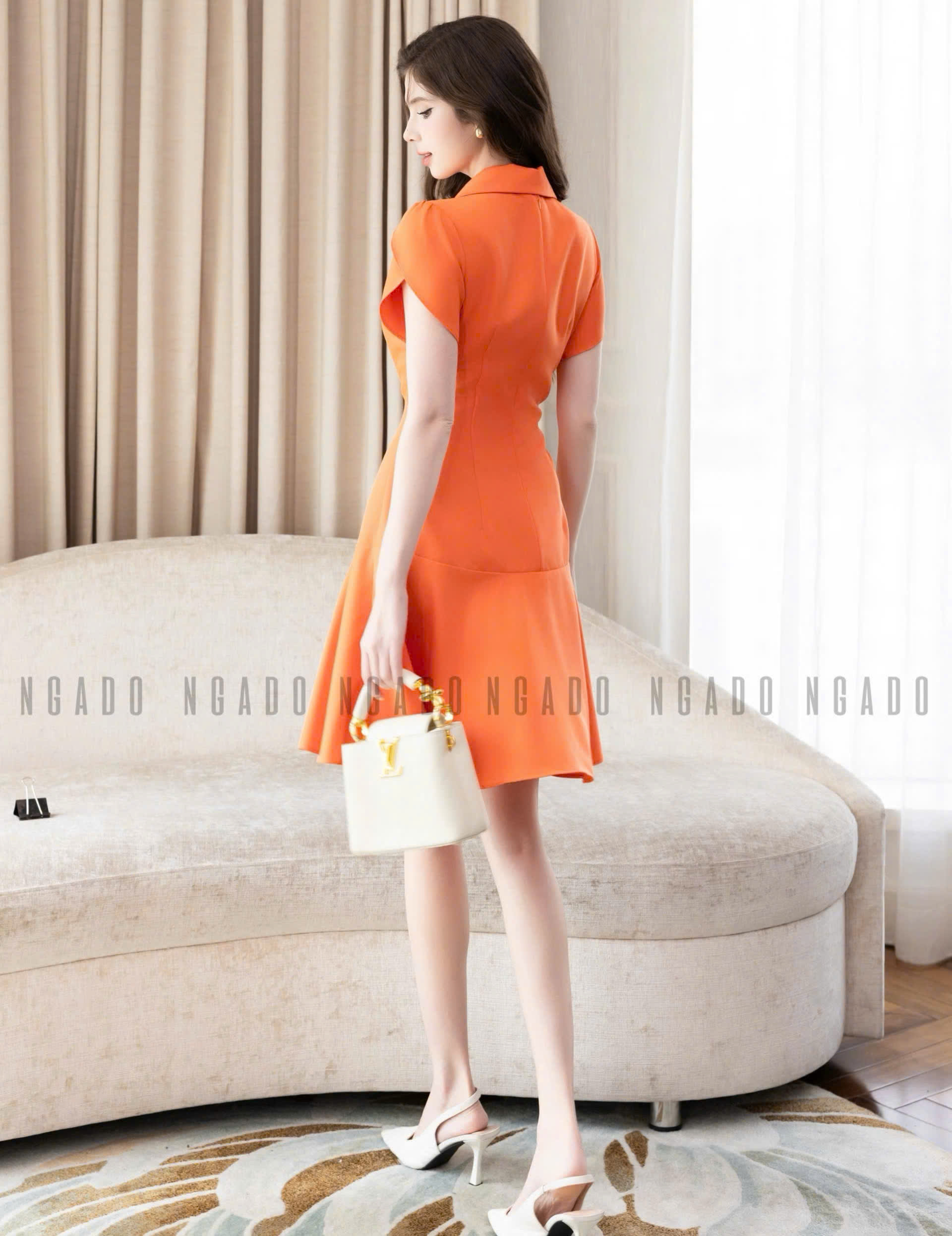 Đầm cam cổ vest NGADO , đầm kiểu nữ , đầm công sở , dự tiệc