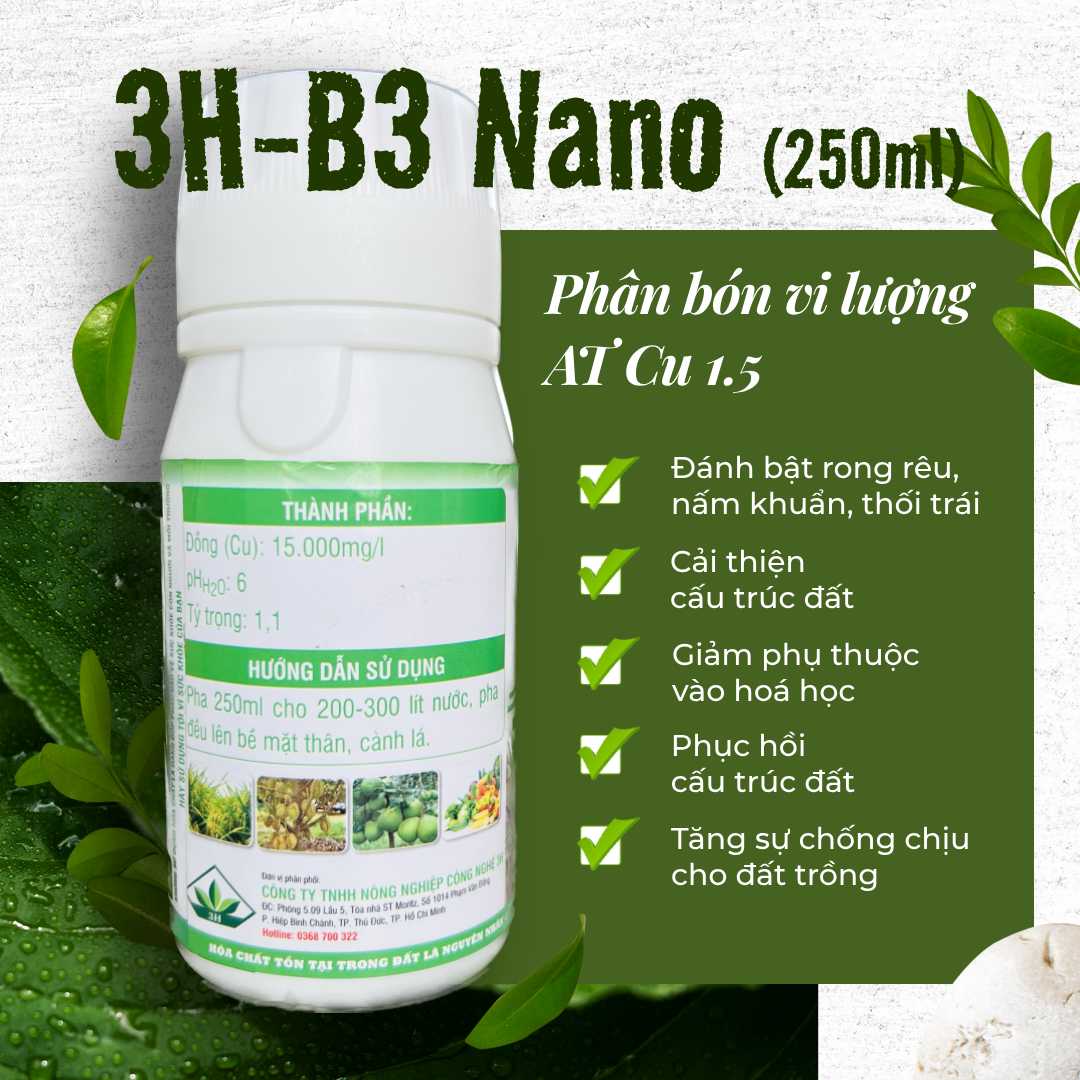 Phân bón vi lượng AT Cu 1,5 3H-B3 Nano - Rửa sạch mầm bệnh trong cây 250ml - CAY.CH.OS.010004
