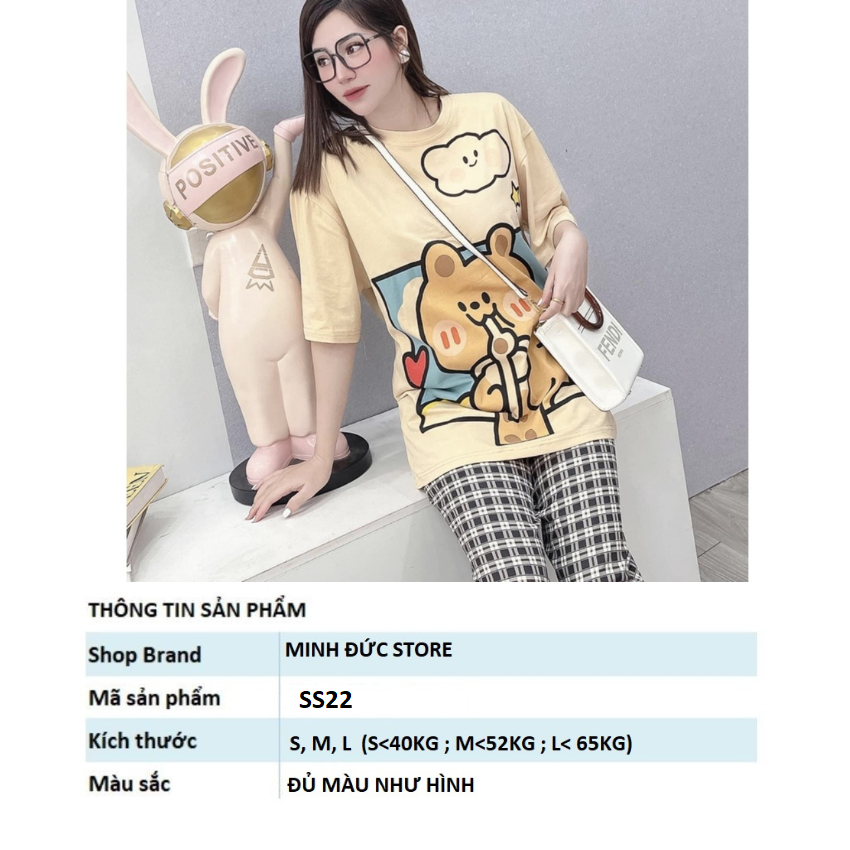 Sét Bộ Nữ SS22, Sét Đồ Nữ Đi Chơi Đẹp In Gấu Vàng, Sét Áo Vải Cotton, Hình In Sắc Nét Và Quần Kẻ Đen Cá Tính