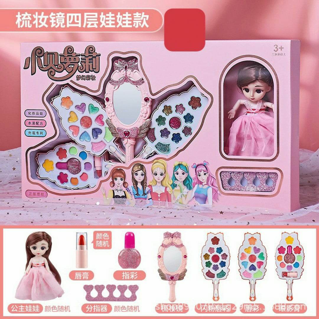 (Tặng kèm búp bê Chibi) Bộ đồ chơi phụ kiện set trang điểm, make up thật hộp xoay 4 tầng cho búp bê (màu sắc và hình ngẫu nhiên)