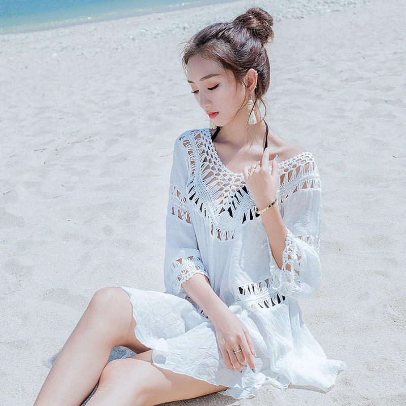 Áo ren lưới thời trang đi biển lệch vai