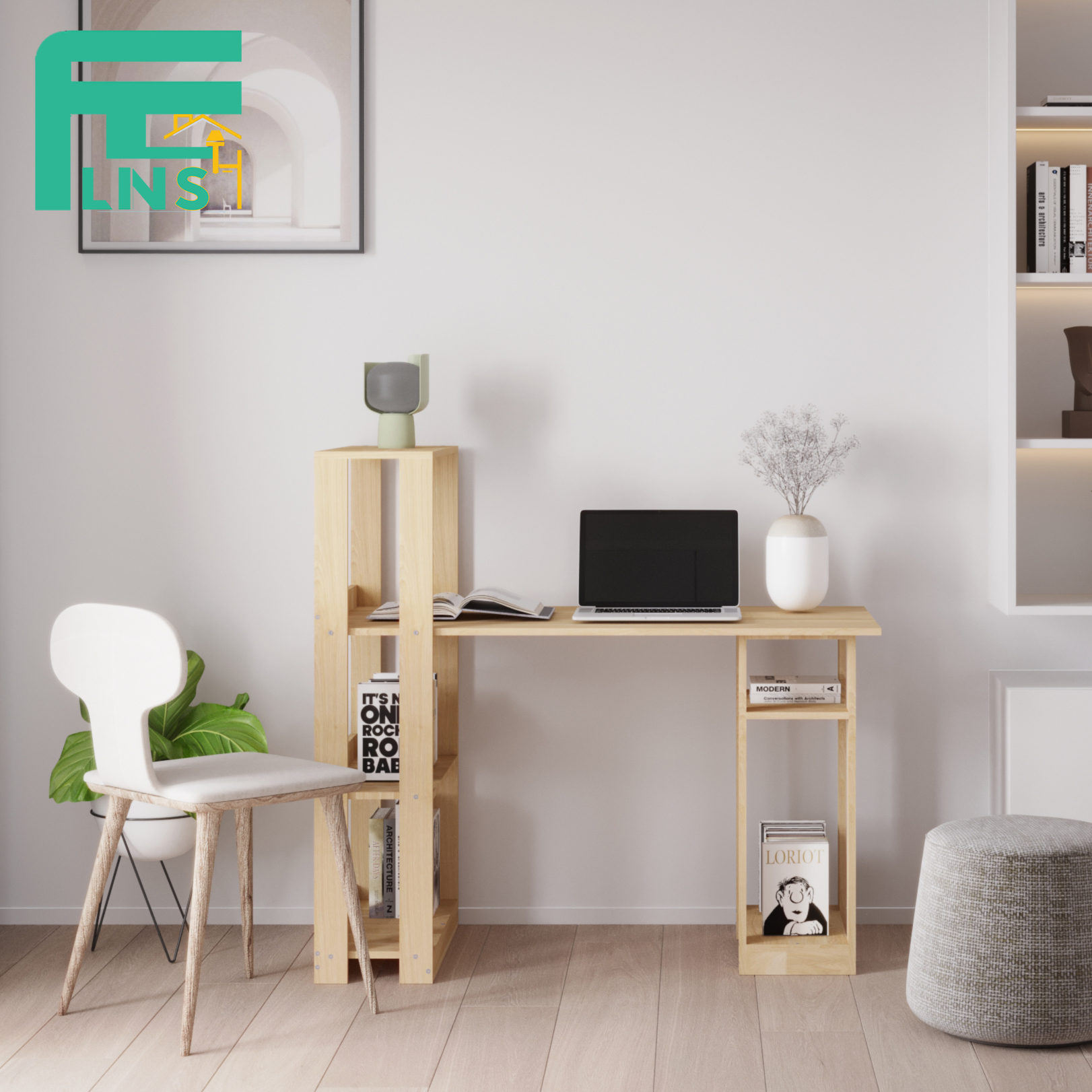 Bàn Làm Việc Gỗ LINSY BH01 Phối Kèm Có Kệ Sách Đa Năng Nội Thất Thông Minh Lắp Ráp