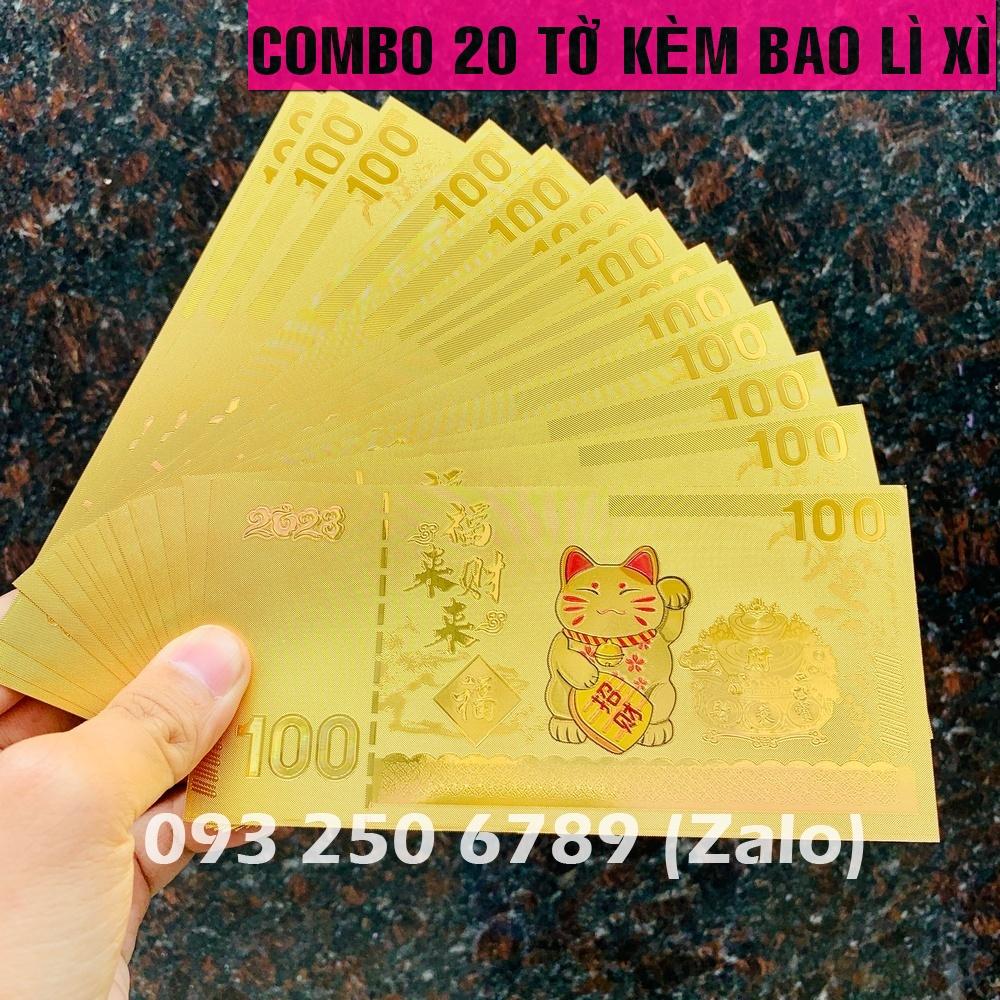 COMBO 50 Tiền + kèm bao lì xì, Tờ tiền in hình Con Mèo Macao 100 Vàng Plastic 2023 Quý Mão - Mẫu 1