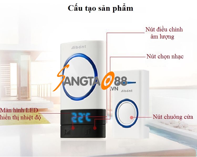 Chuông Đôi Không Dây Hiển Thị Nhiệt Độ Aibont P189-WW ( 2 Chuông - 1 nút bấm )