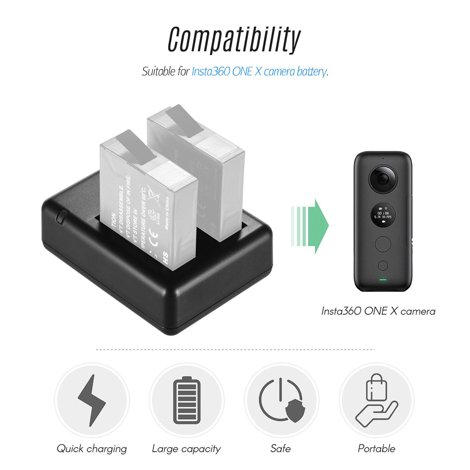 Bộ sạc pin máy ảnh khe cắm kép di động với đèn báo cáp USB Tương thích với pin máy ảnh Insta360 one X