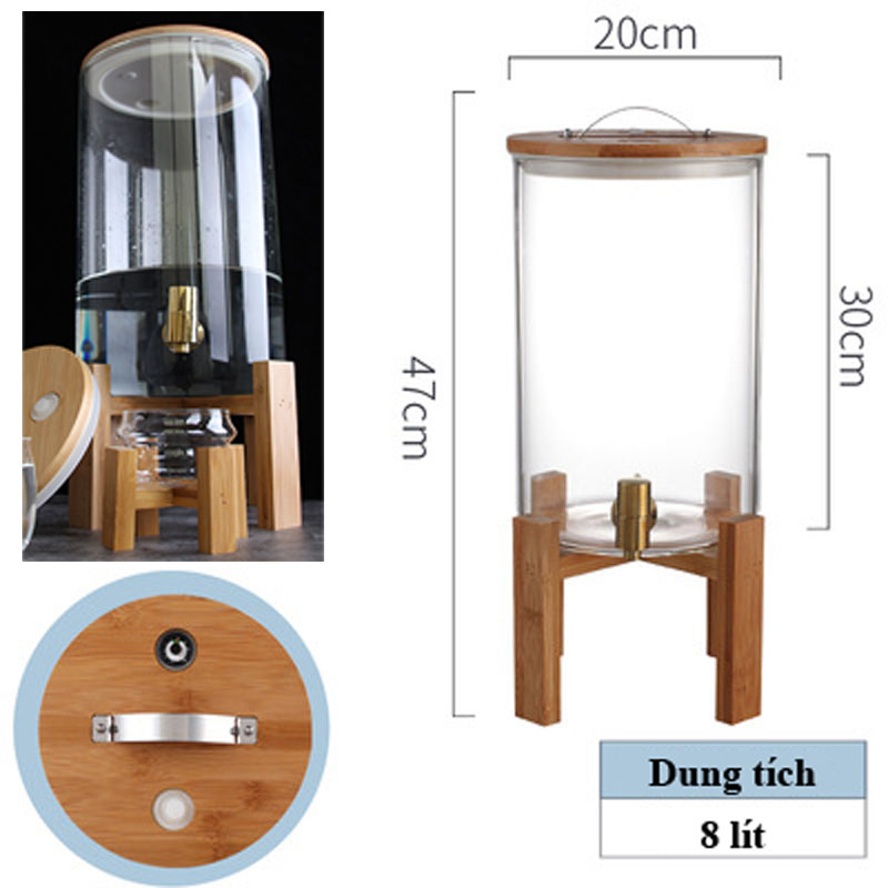 Bình thủy tinh đựng nước chịu nhiệt, bình ngâm nước trái cây có vòi kèm kệ gỗ sang trọng