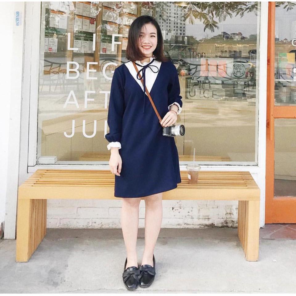 Đầm suông xanh tay dài