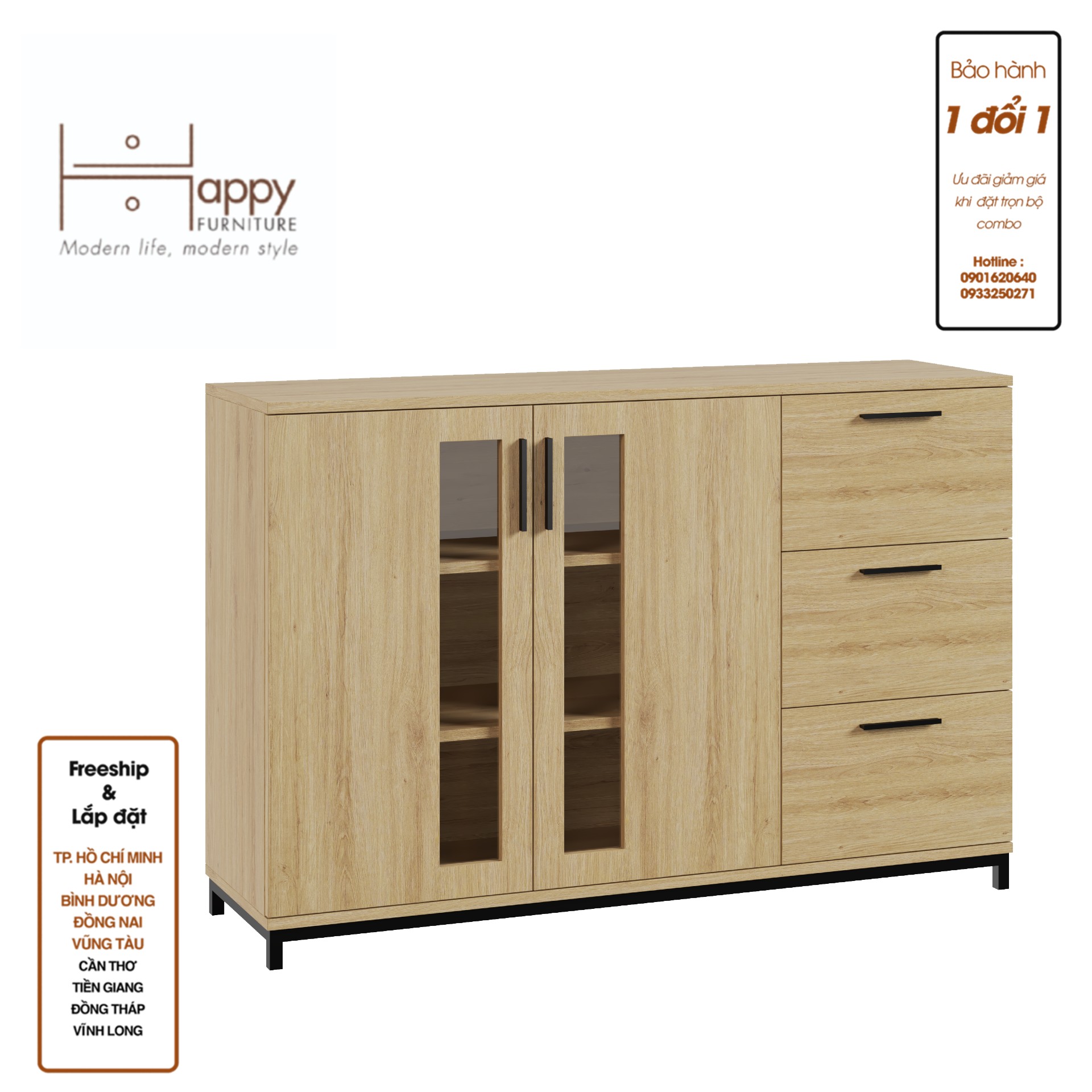 [Happy Home Furniture] LOUIS , Tủ lưu trữ 3 ngăn kéo 2 cửa mở - chân sắt , 126cm x 36cm x 84cm ( DxRxC), THK_058