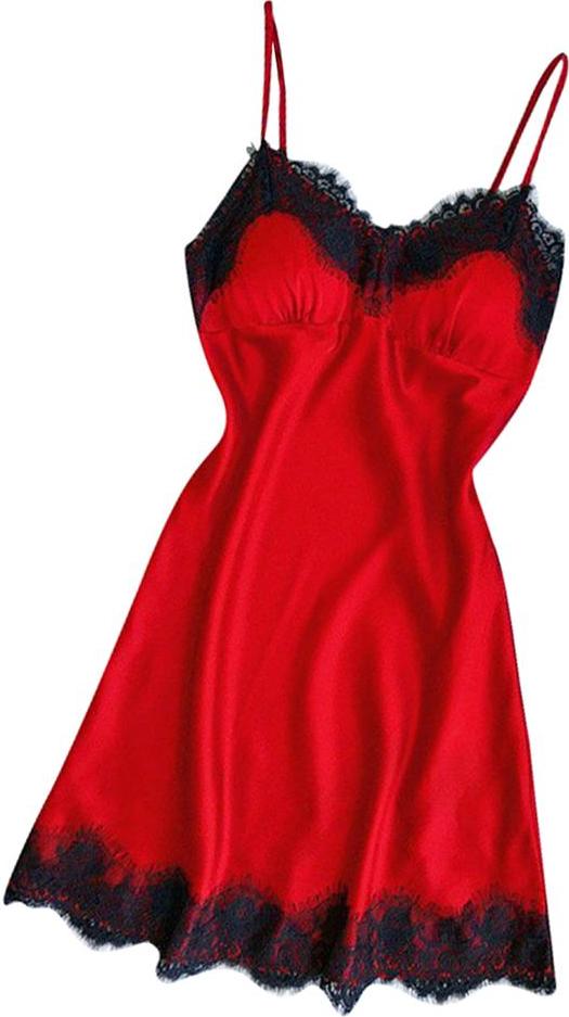 Sexy Women Lace Trim Satin Nightdress Lingerie Sleepwear Red Nightgown Set