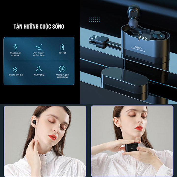 Tai Nghe Bluetooth Truewireless Remax TWS-22 tích hợp màn hình LED hiển thị pin - Hàng nhập khẩu