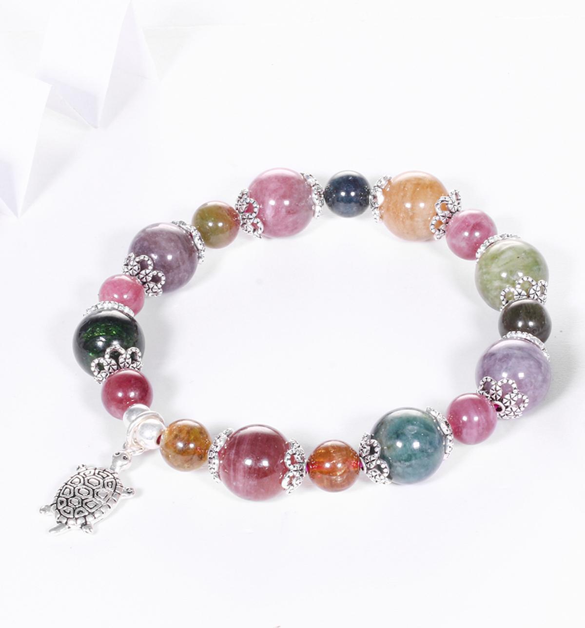 Vòng tay đá tourmaline đa sắc mix charm rùa bạc hạt đá 10mm - Ngọc Quý Gemstones