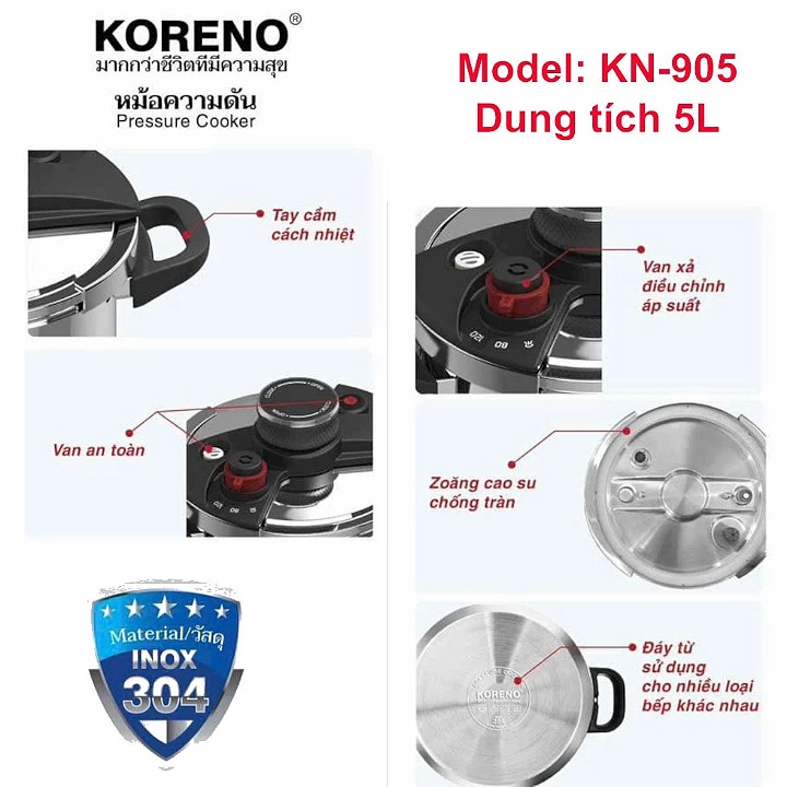 Nồi áp suất Inox 5L Koreno nấu bếp từ bếp ga thiết kế 3 van an toàn bảo hành 12 tháng