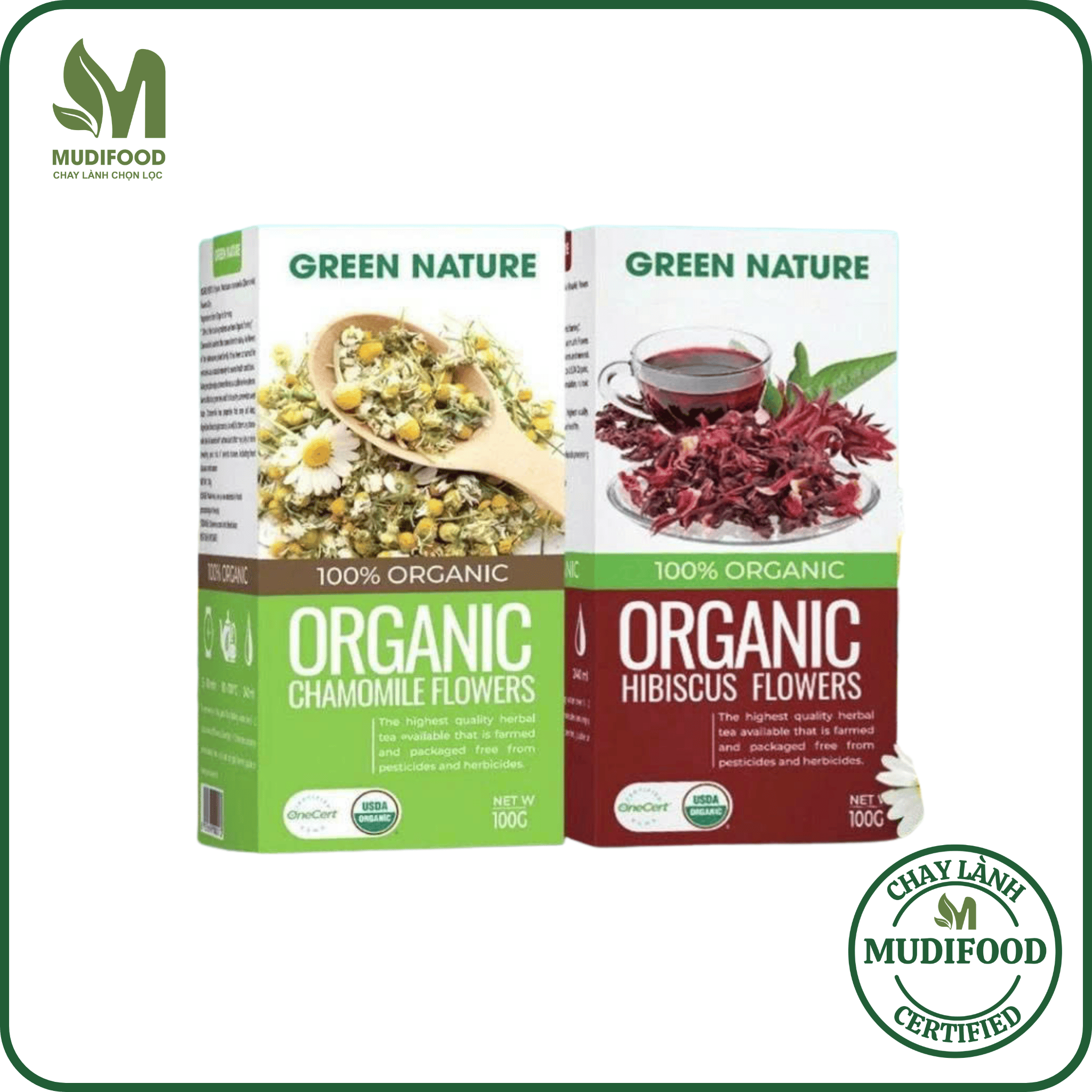 Combo Mix Hoa Cúc La Mã Và Hoa Bụp Giấm Nguyên Bông Hữu Cơ Green Nature 100g - Pha Trà Thanh Mát, Đẹp Da, Thanh Nhiệt