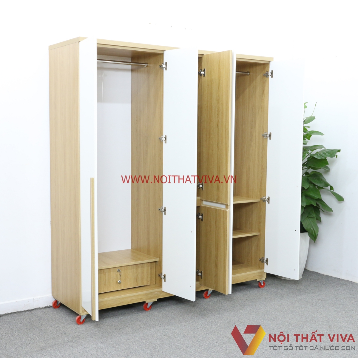 Tủ Quần Áo Gỗ MDF Melamine 5 Cánh Màu Vàng Phối Trắng Đẹp Sang Trọng