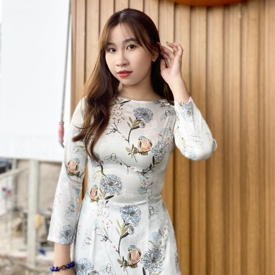 Áo dài hoa nhí màu xanh nhạt lụa satin cao cấp truyền thống may sẵn