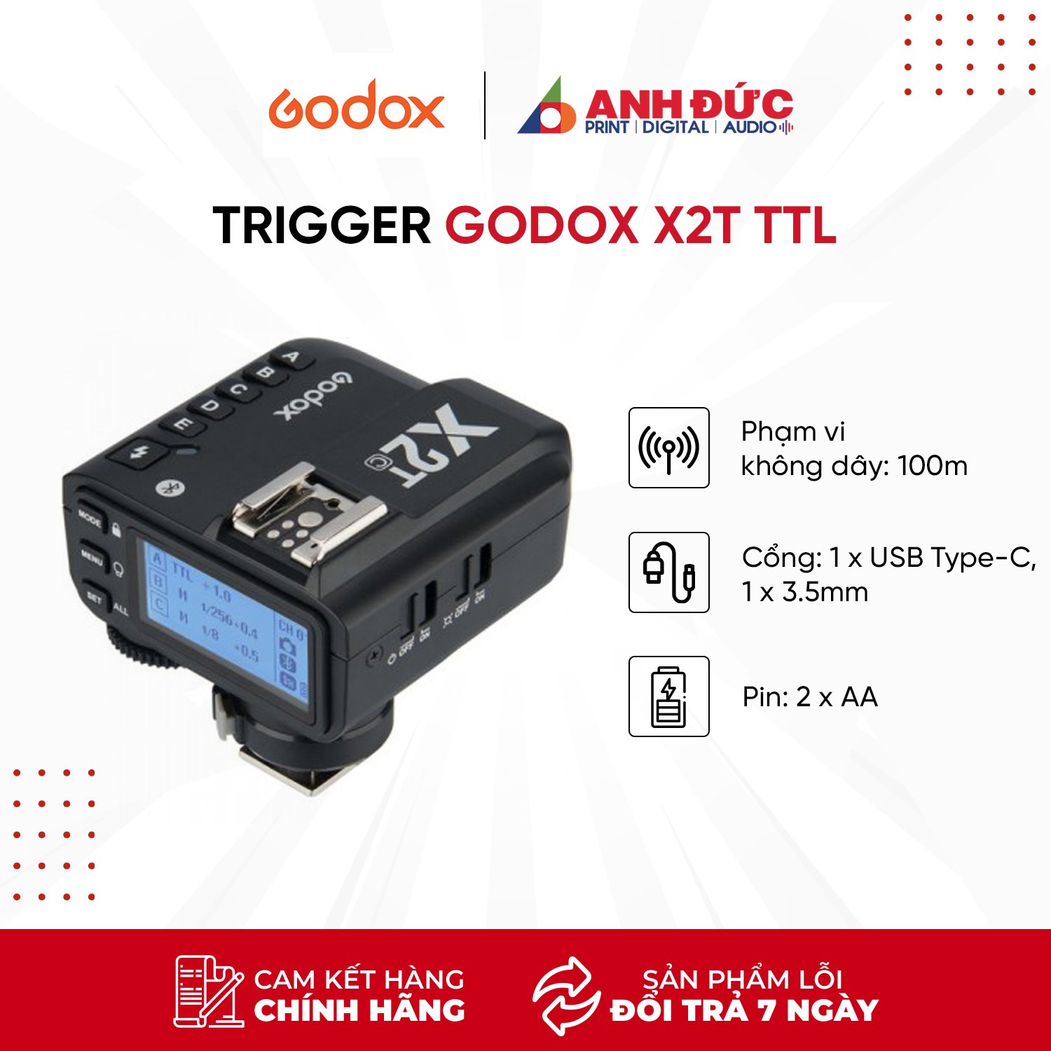 Trigger Godox X2T tích hợp TTL HSS 1/8000 - Hàng chính hãng - For