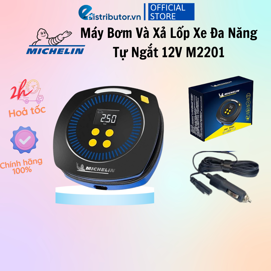 Máy Bơm Và Xả Lốp Xe Đa Năng Tự Ngắt 12V Michelin M2201 - Hàng Chính Hãng - Có Đèn Led Lớn, Cài Đặt Sẵn Chế Độ, Dễ Thao Tác Sử Dụng, Gọn Nhẹ