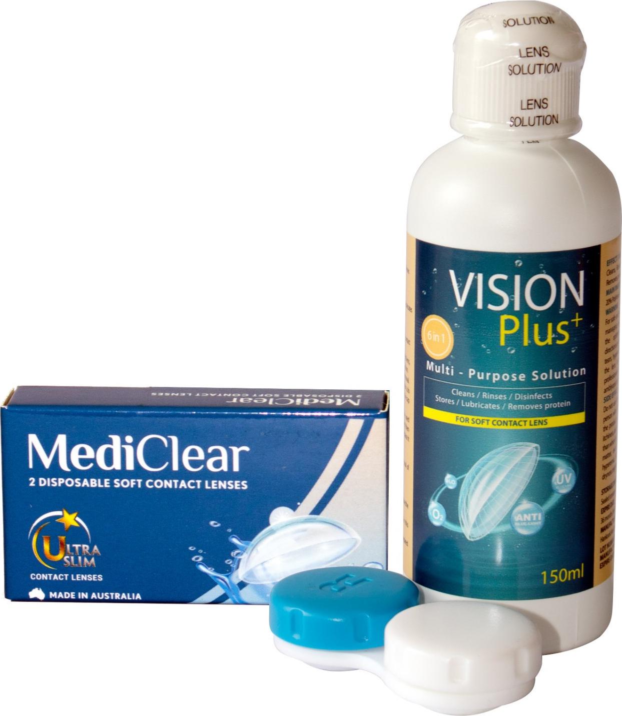 Một Cặp Kính Áp Tròng Australia Cận Thị Mediclear 3 Tháng + Nước Ngâm + Khay Đựng