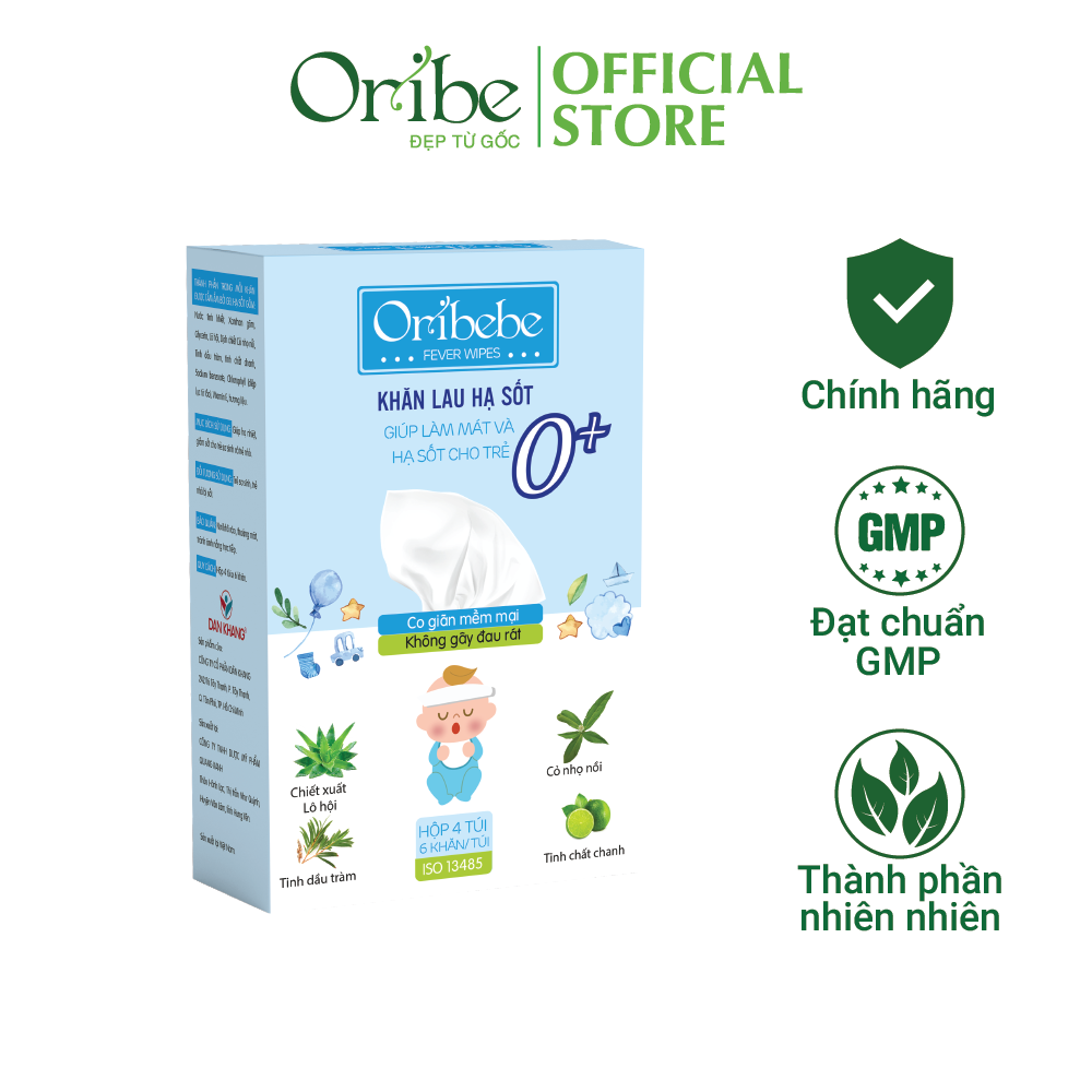 Khăn Lau Hạ Sốt 0Y+ Oribebe Cho Bé Giúp Hạ Nhiệt Giảm Sốt Hộp 4 Túi x 6 Khăn