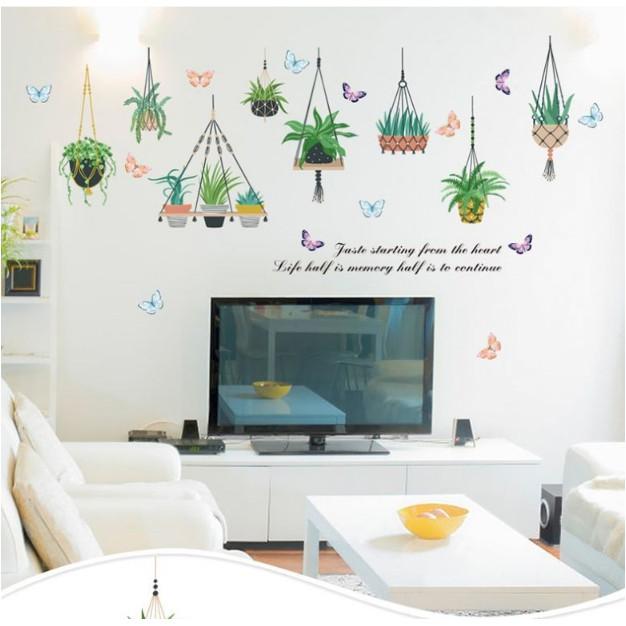 Decal trang trí tường - Nhiều Dây Treo Chậu Kiểng lá cỏ độc đáo