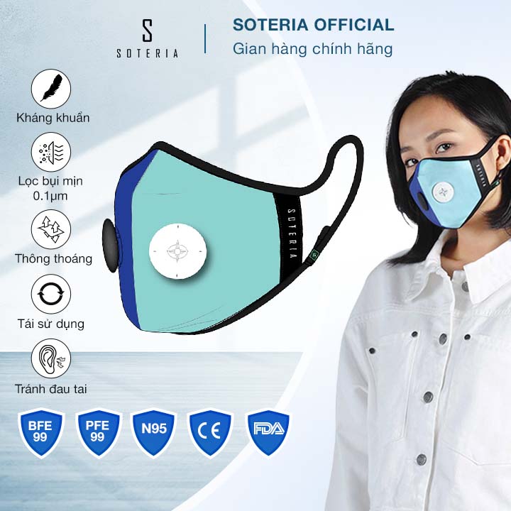 Khẩu trang tiêu chuẩn Quốc Tế Soteria Blue Tur ST209 bộ lọc đạt chuẩn Mỹ N95 BFE PFE 99 lọc đến 99% bụi mịn 0.1 micro, vi khuẩn, khí độc