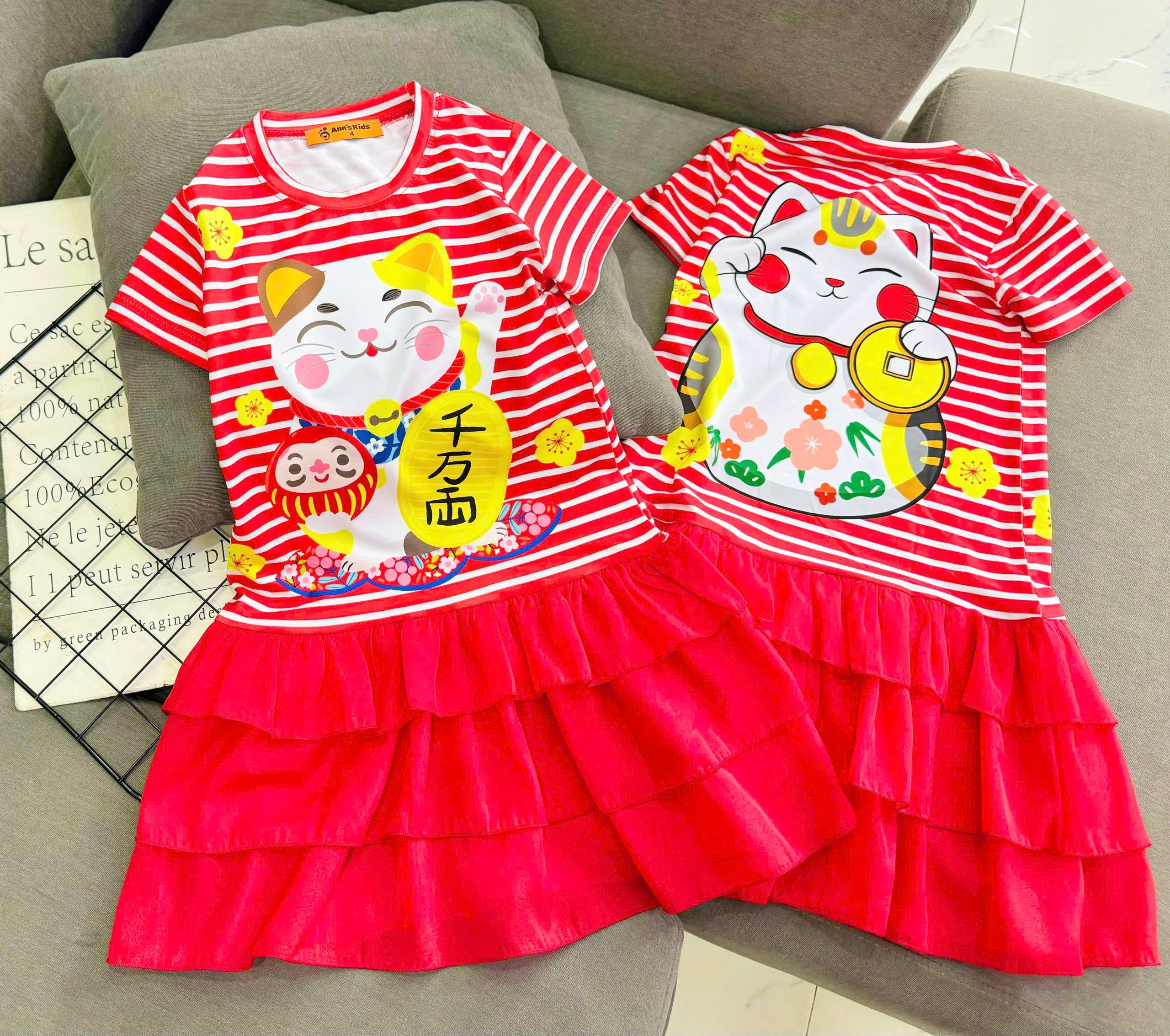 Đầm váy suông cho bé gái diện tết labubu baby three capybara size 12-45kg chất thun lạnh mềm mát