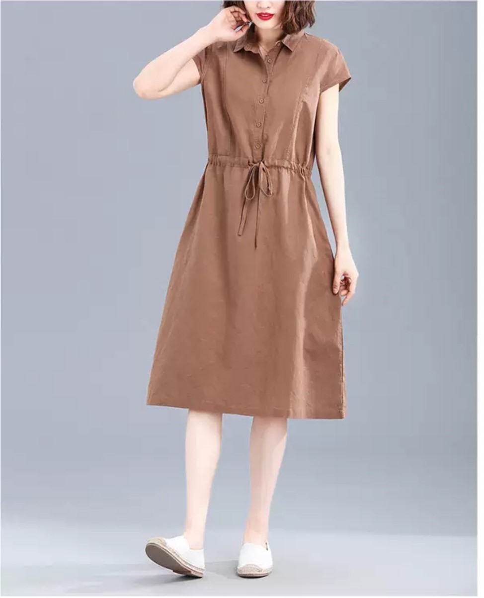 Đầm Nữ Form Suông Linen Cổ Sơ Mi Basic Tay ngắn Thoáng Mát HB70