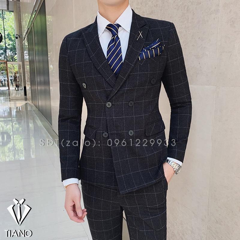 Bộ Vest nam kiểu 6 cúc màu Đen kẻ ô, form ôm body chất vải dày 2 lớp, Suit Nam Cao Cấp - TIANO STORE