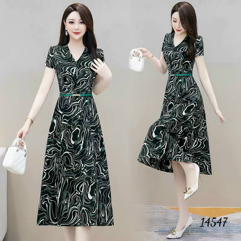 Đầm váy nữ trung niên lụa hoa latin xanh đen dự tiệc đám cưới cao cấp